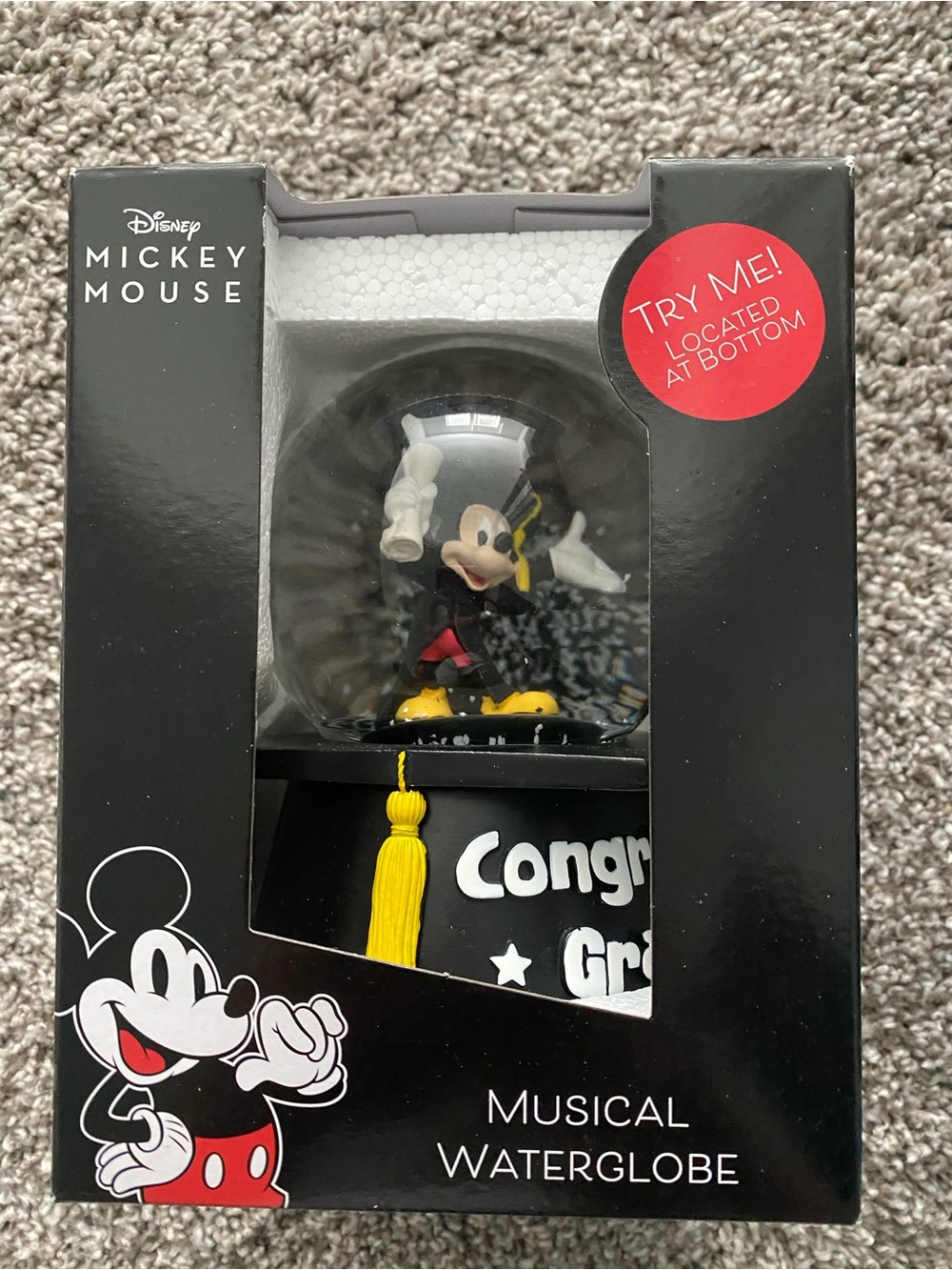 New Black Musical Waterglobe congrats graduation Mickey Mouse musical globe